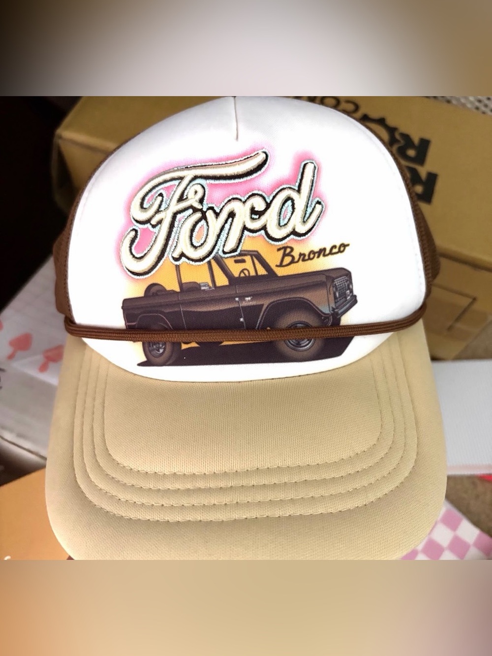 Ford Bronco Mens Trucker Hat - White, Beige & Brown